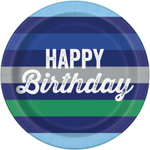 Load image into Gallery viewer, Striped Happy Birthday Disposable Paper Plates, 9", Blue/Green, 10 Pieces, by Way To Celebrate