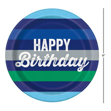Load image into Gallery viewer, Striped Happy Birthday Disposable Paper Plates, 9", Blue/Green, 10 Pieces, by Way To Celebrate
