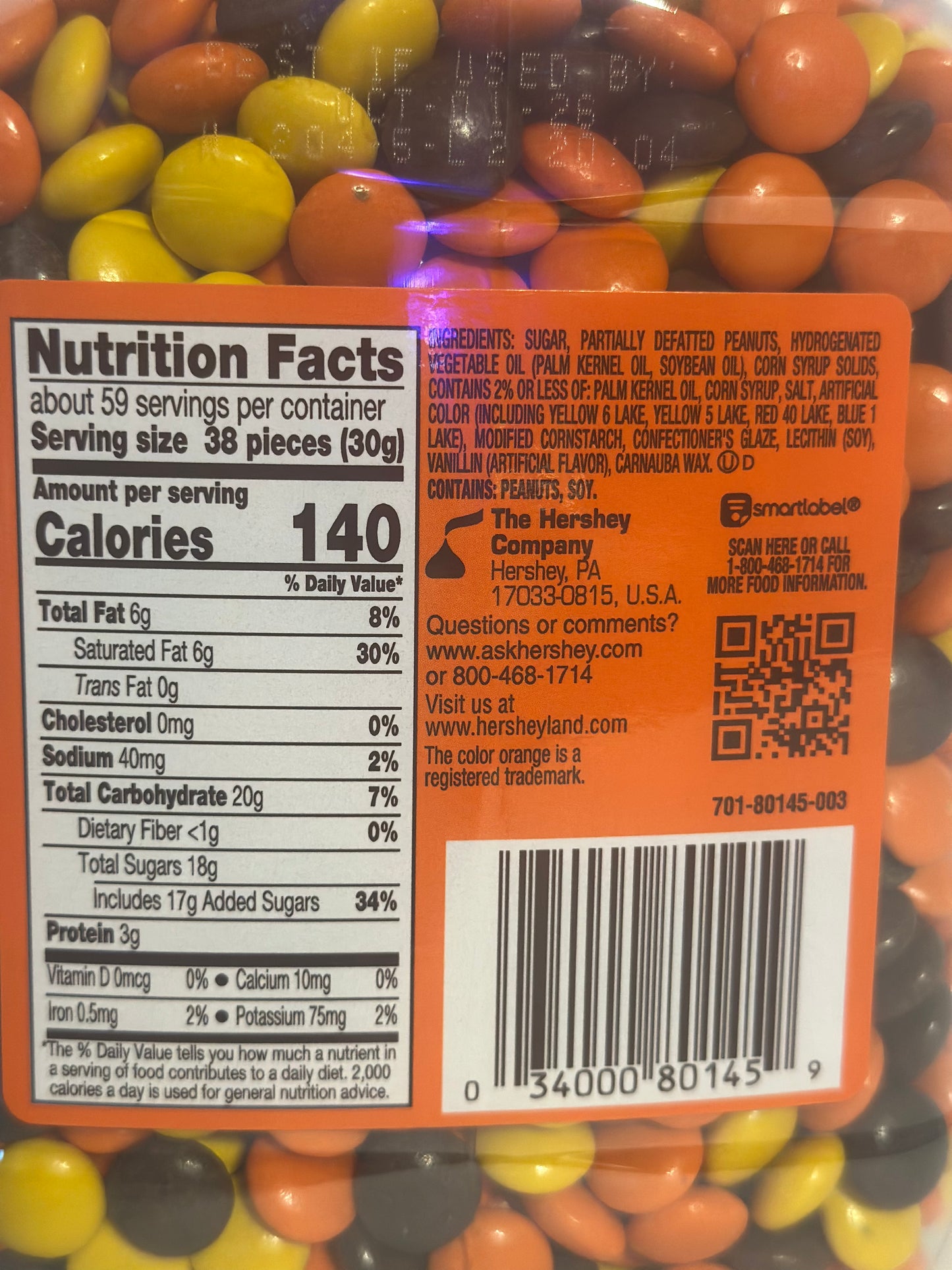 Reese's Pieces Peanut Butter Candy, 62 Ounce