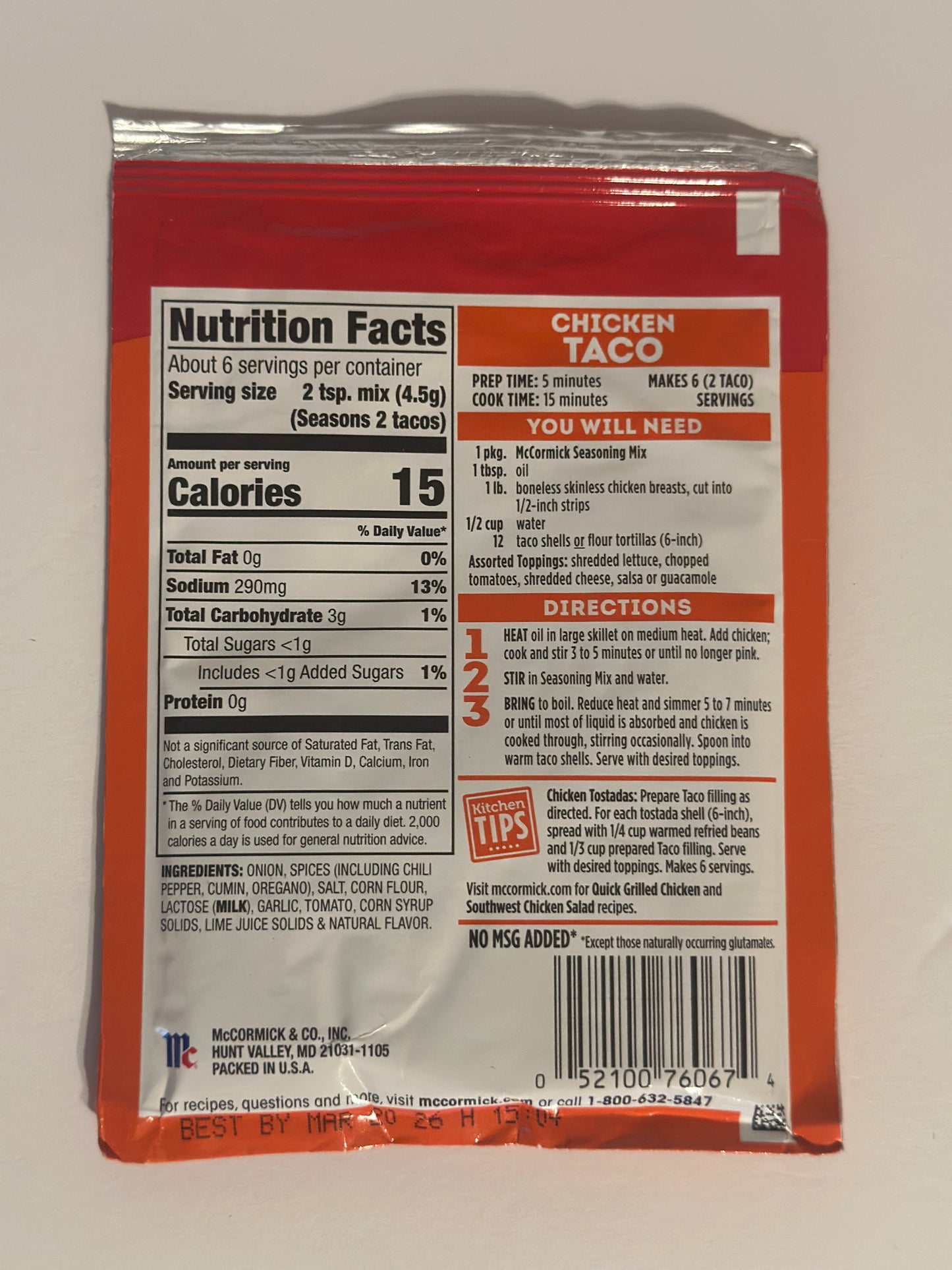 McCormick Chicken Taco Seasoning Mix, 1.0 oz Packet