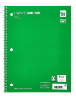 College Ruled 1-Subject Notebook, 8" x 10.5", Green, 70 Sheets
