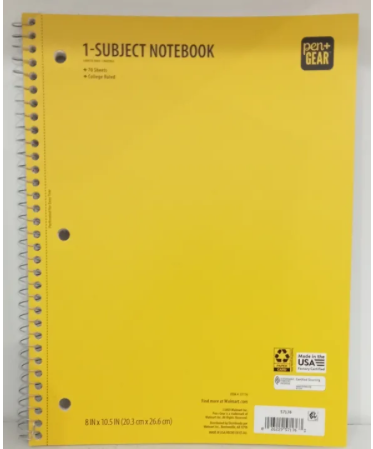 PEN + GEAR College Rule 1-Subject Notebook, 10.5" x 8", Yellow, 70 Sheets