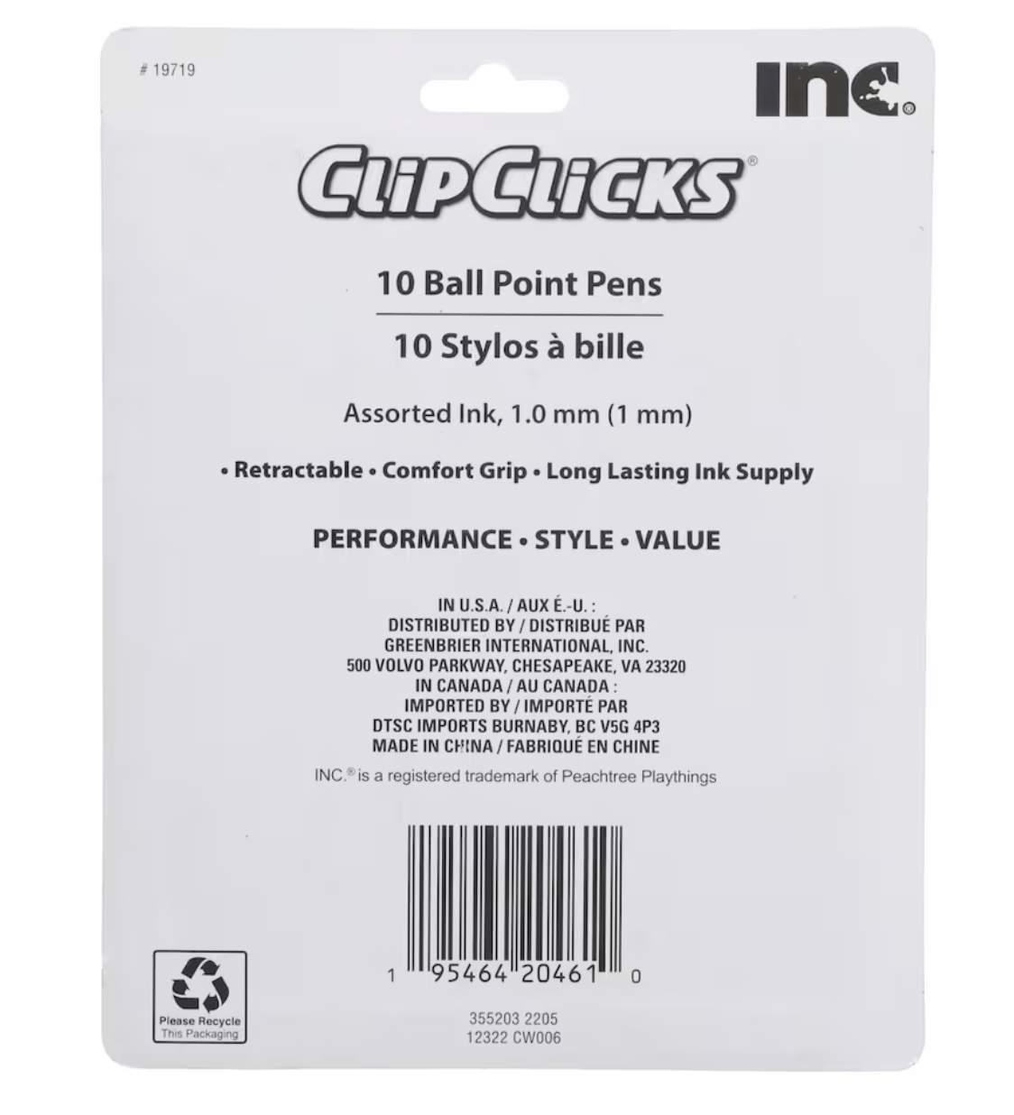 Inc. ClipClicks Colorful Ballpoint Pens, 10-ct.