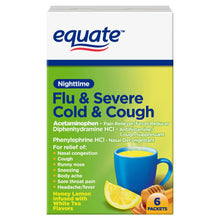 Load image into Gallery viewer, Equate Nighttime Severe Cold, Cough & Flu Relief Powder Packets, Honey Lemon, 6 Count