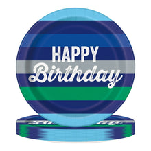 Load image into Gallery viewer, Striped Happy Birthday Disposable Paper Plates, 9", Blue/Green, 10 Pieces, by Way To Celebrate