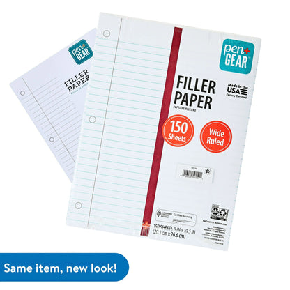 Pen+Gear Wide Ruled Filler Paper, 10.5" x 8", 150 Sheets
