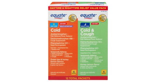 Equate Daytime Cold & Nighttime Cold & Cough Multi-Symptom Severe Relief Powder, over The Counter, 12 Count