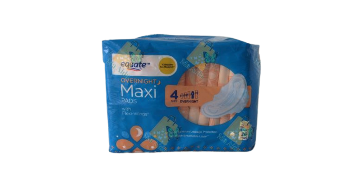 Equate Maxi Pads Napkin w/ Wings Unscented, Overnight Size 4 (26 Count)