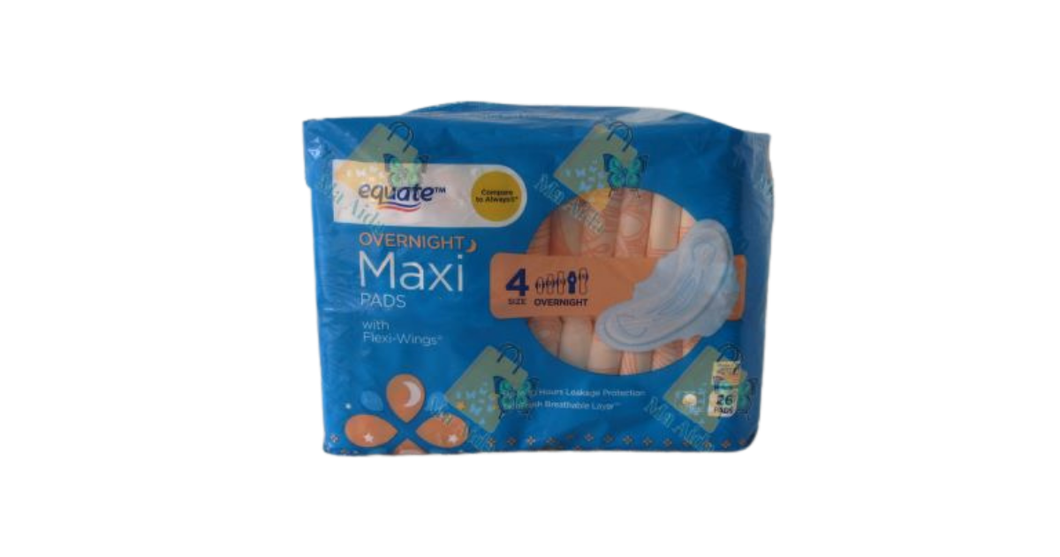 Equate Maxi Pads Napkin w/ Wings Unscented, Overnight Size 4 (26 Count)