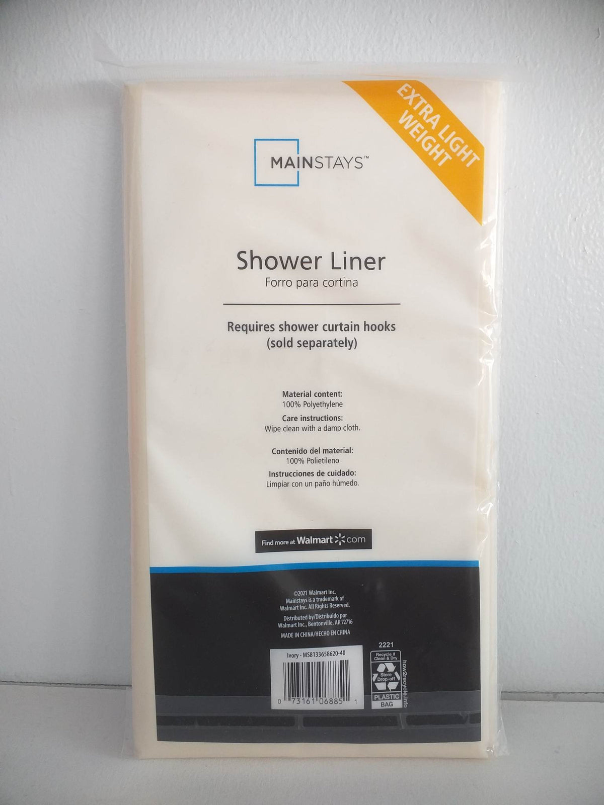 Mainstays Extra Light Weight Shower Liner - Ivory (177.8cm x 180.3 cm)