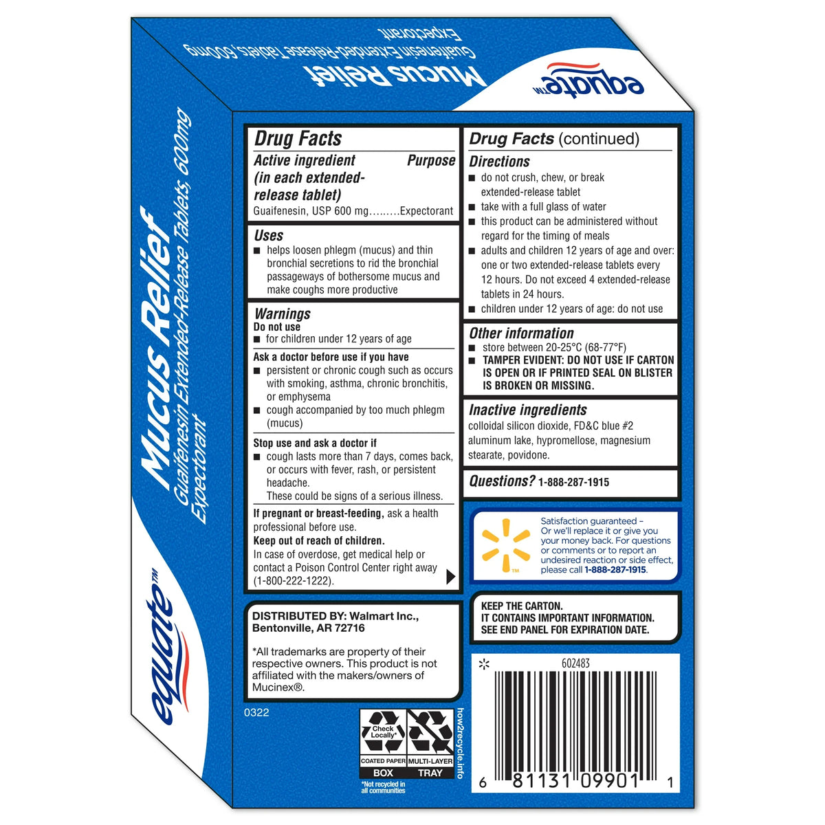 Equate Mucus ER Extended-Release Tablets, 600 mg, 20 Count