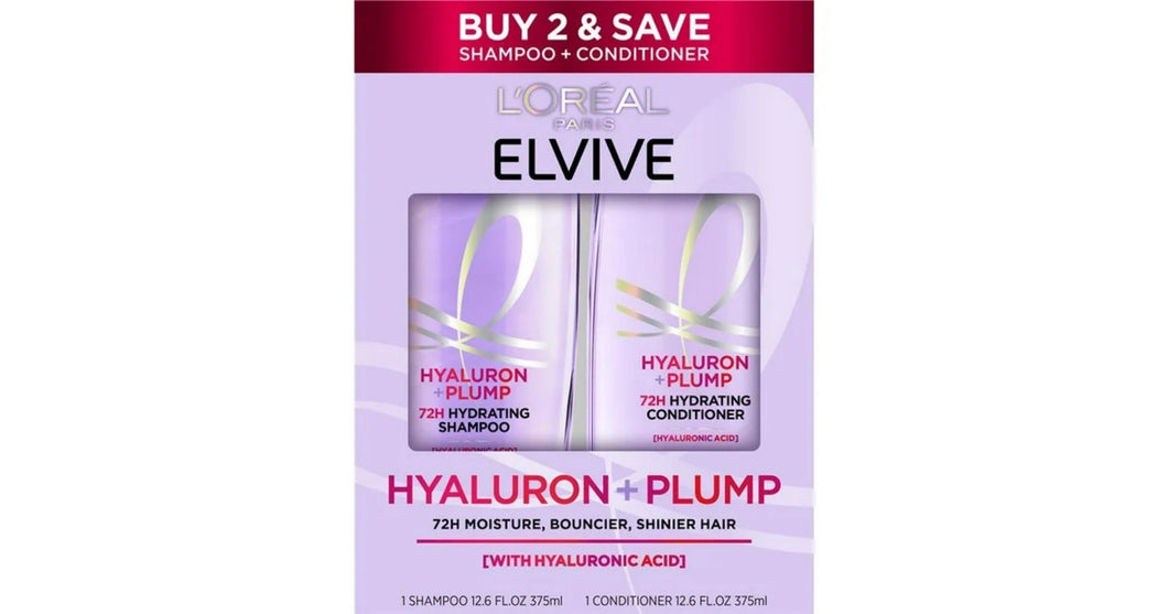 L'Oreal Paris Elvive Hyaluron Plump Squeeze Hydrating Shampoo Conditioner Kit, 72Hr Intense Moisture