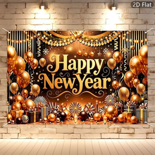 Load image into Gallery viewer, Happy New Year Banner Black Gold Backdrop

