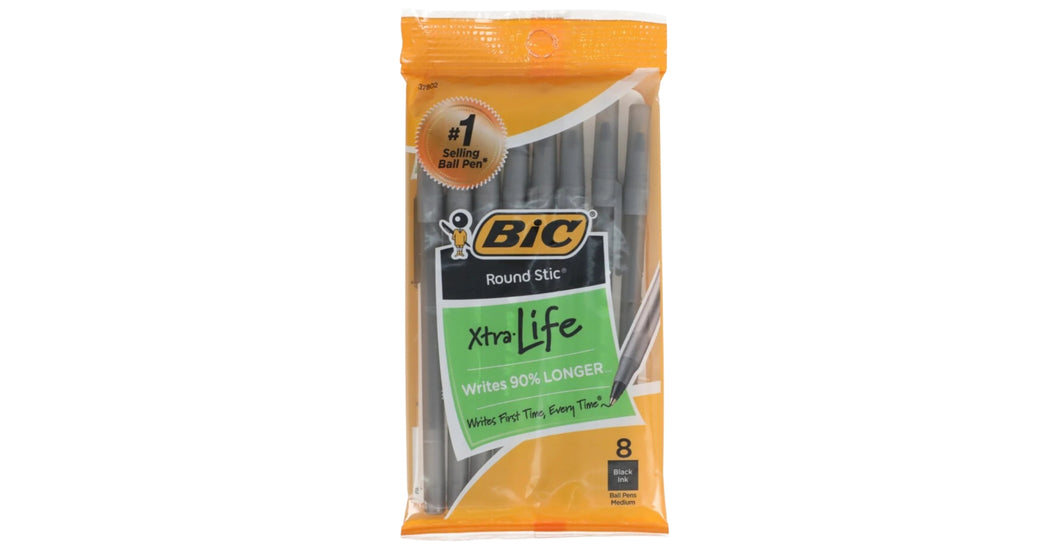 BIC Round Stic Xtra Life Ballpoint Pens, Medium Point (1.0mm), Black, 8-ct. Pack