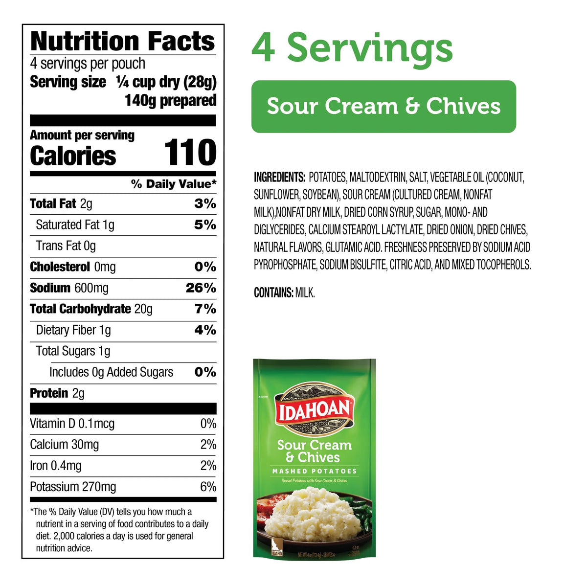 Idahoan Sour Cream & Chives Mashed Potatoes, 4 oz Pouch