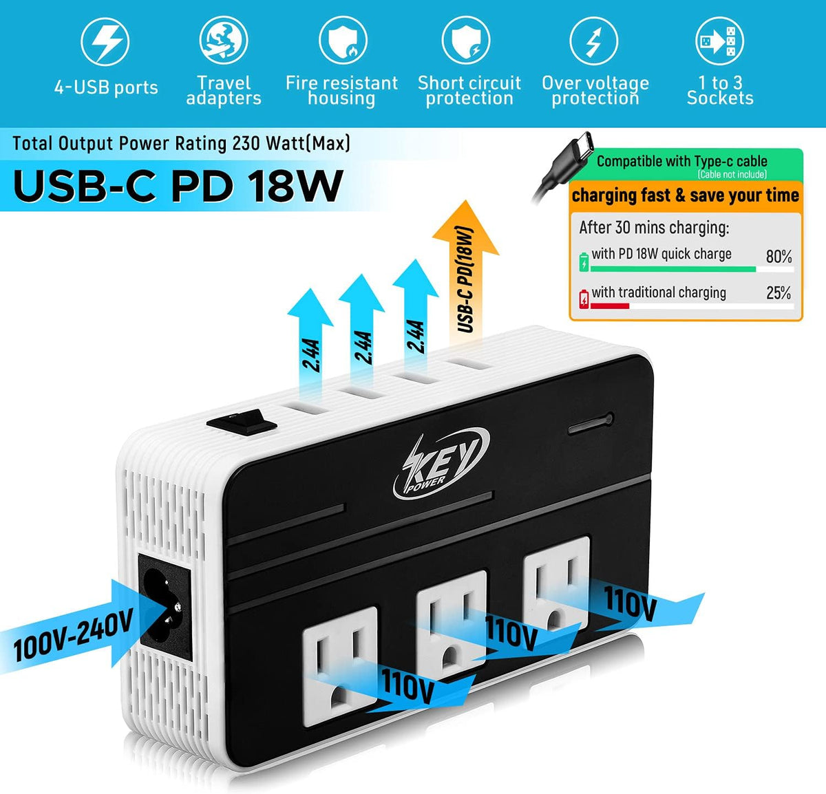 Power 230-Watt Step Down 220V to 110V Voltage Converter & International Travel Adapter