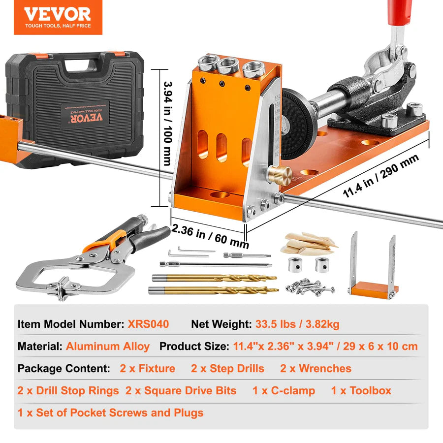 34 Pcs Pocket Hole Jig Kit, Adjustable Versatile Pocket Hole Jig with Toolbox,11" C-clamp, Fixture, Step Drills, Wrenches, Drill Stop Rings, Square Drive Bits