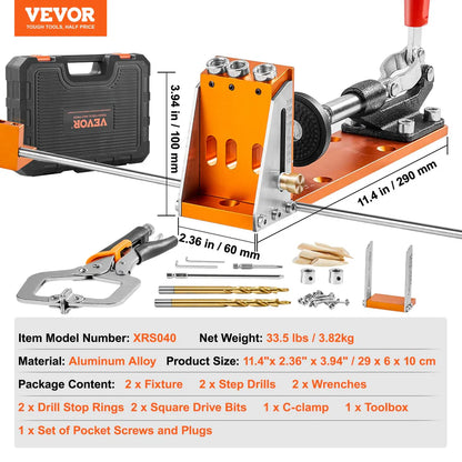 34 Pcs Pocket Hole Jig Kit, Adjustable Versatile Pocket Hole Jig with Toolbox,11" C-clamp, Fixture, Step Drills, Wrenches, Drill Stop Rings, Square Drive Bits