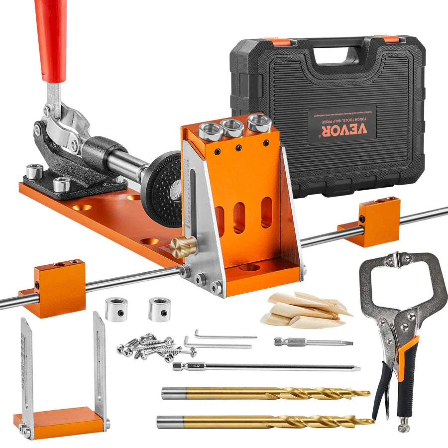 34 Pcs Pocket Hole Jig Kit, Adjustable Versatile Pocket Hole Jig with Toolbox,11" C-clamp, Fixture, Step Drills, Wrenches, Drill Stop Rings, Square Drive Bits