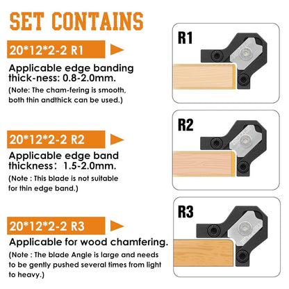 Chamfering Edge Band Trimmer,Adjustable Edge Banding Trimmer,veneers,Hand Planer,Edge Banding Tools.(Handle + R1, R2 Blade)