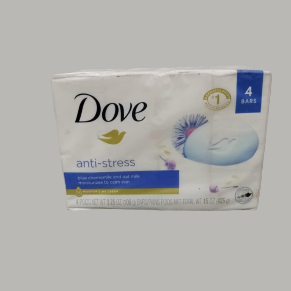 Dove Anti Stress Gentle Beauty Bar Soap Dry Skin Blue Chamomile & Oat Milk, 3.75 oz 4 Bars