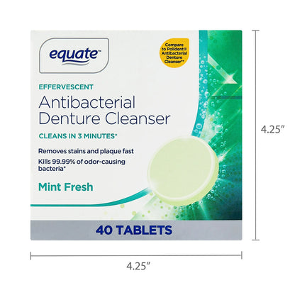 Equate Effervescent Antibacterial Denture Cleanser Tablets, Mint Fresh, 40 Count, Compare to Polident® Antibacterial Denture Cleanser