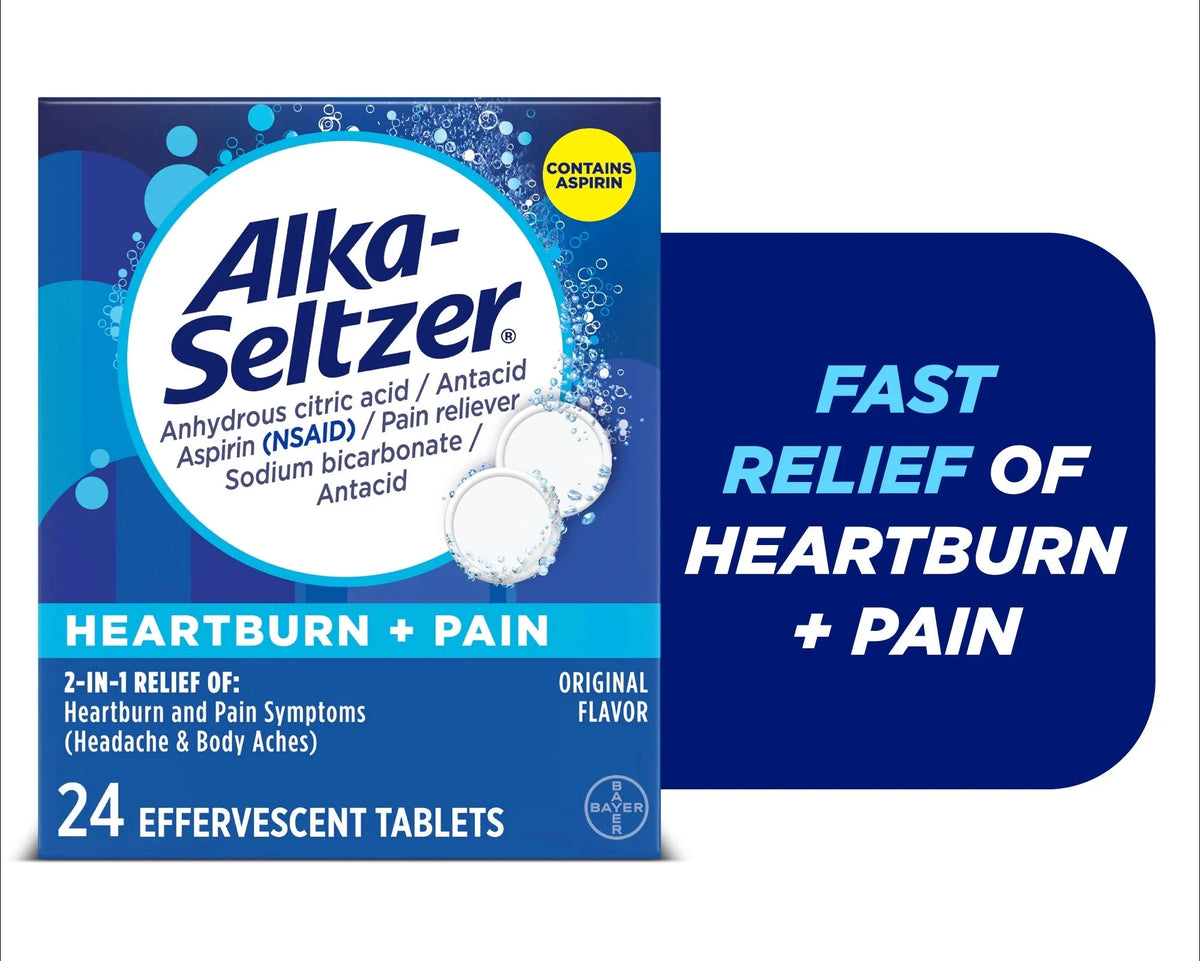 Alka-Seltzer Heartburn + Pain, Aspirin + Antacid Tablets for Fast Pain Relief, Heartburn Relief & Acid Indigestion Relief, 24 Ct