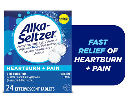 Alka-Seltzer Heartburn + Pain, Aspirin + Antacid Tablets for Fast Pain Relief, Heartburn Relief & Acid Indigestion Relief, 24 Ct