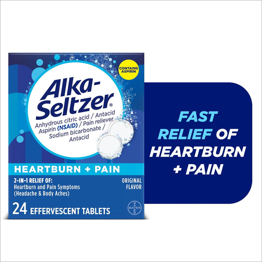 Alka-Seltzer Heartburn + Pain, Aspirin + Antacid Tablets for Fast Pain Relief, Heartburn Relief & Acid Indigestion Relief, 24 Ct
