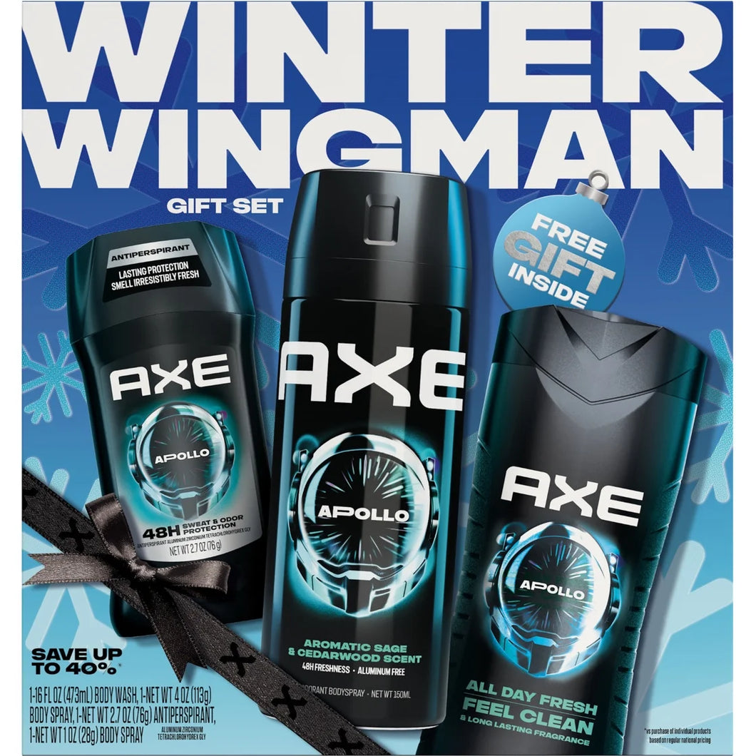AXE Winter Wingman Apollo Gift Set Body Wash, Deodorant Spray & Antiperspirant Stick, 3 Count
