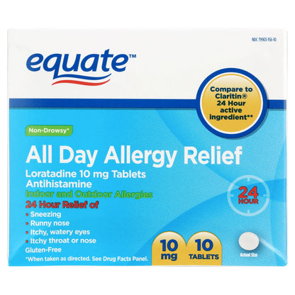 Equate Allergy Relief Loratadine Tablets 10 mg, Antihistamine, 10 Count