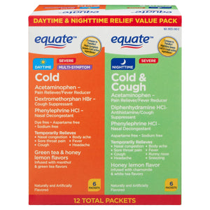 Equate Daytime Cold & Nighttime Cold & Cough Multi-Symptom Severe Relief Powder, over The Counter, 12 Count