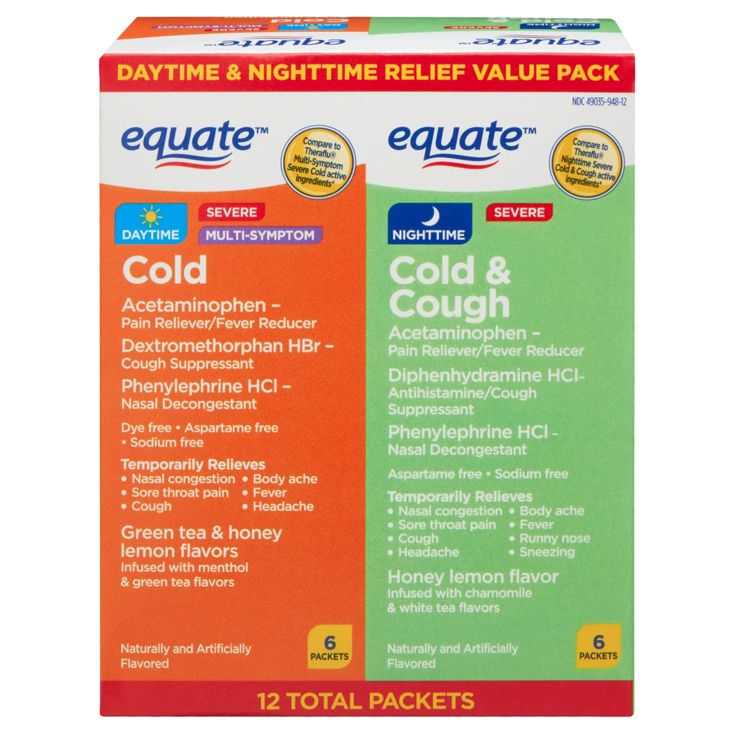 Equate Daytime Cold & Nighttime Cold & Cough Multi-Symptom Severe Relief Powder, over The Counter, 12 Count