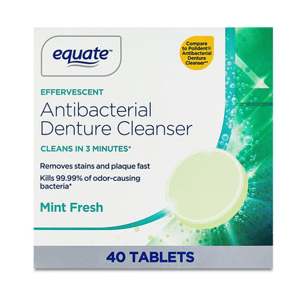 Equate Effervescent Antibacterial Denture Cleanser Tablets, Mint Fresh, 40 Count, Compare to Polident® Antibacterial Denture Cleanser