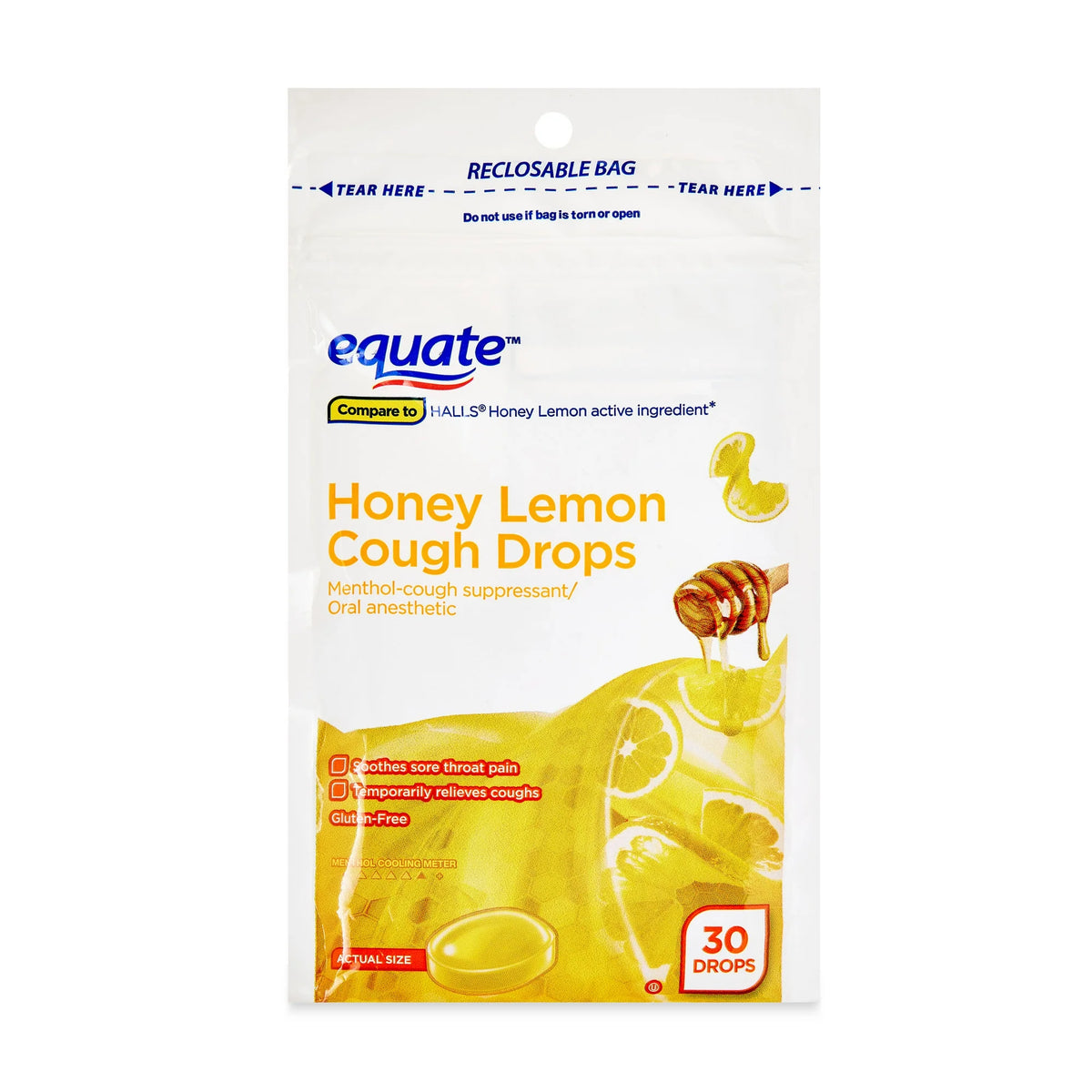 Equate Sore Throat and Cough Relief Honey Lemon Cough Drops with Menthol, 7.5mg, 30 Count