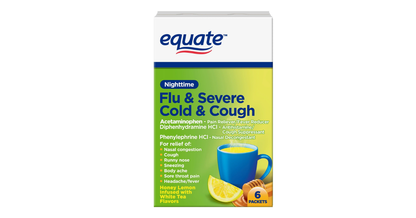 Equate Nighttime Severe Cold, Cough & Flu Relief Powder Packets, Honey Lemon, 6 Count