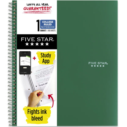 Five Star Wirebound Notebook Plus Study App, 1 Subject, College Ruled, Forest Green