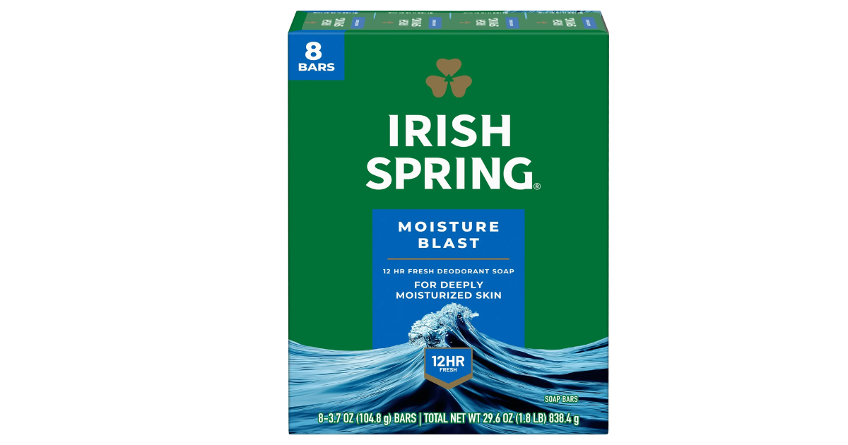 Irish Spring Moisture Blast Deodorant Bar Soap for Men, 3.7 oz Bar (8 Pack)