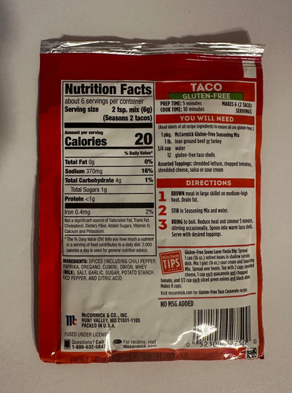 McCormick Gluten Free Gluten Free Taco Seasoning Mix, 1.25 oz Envelope