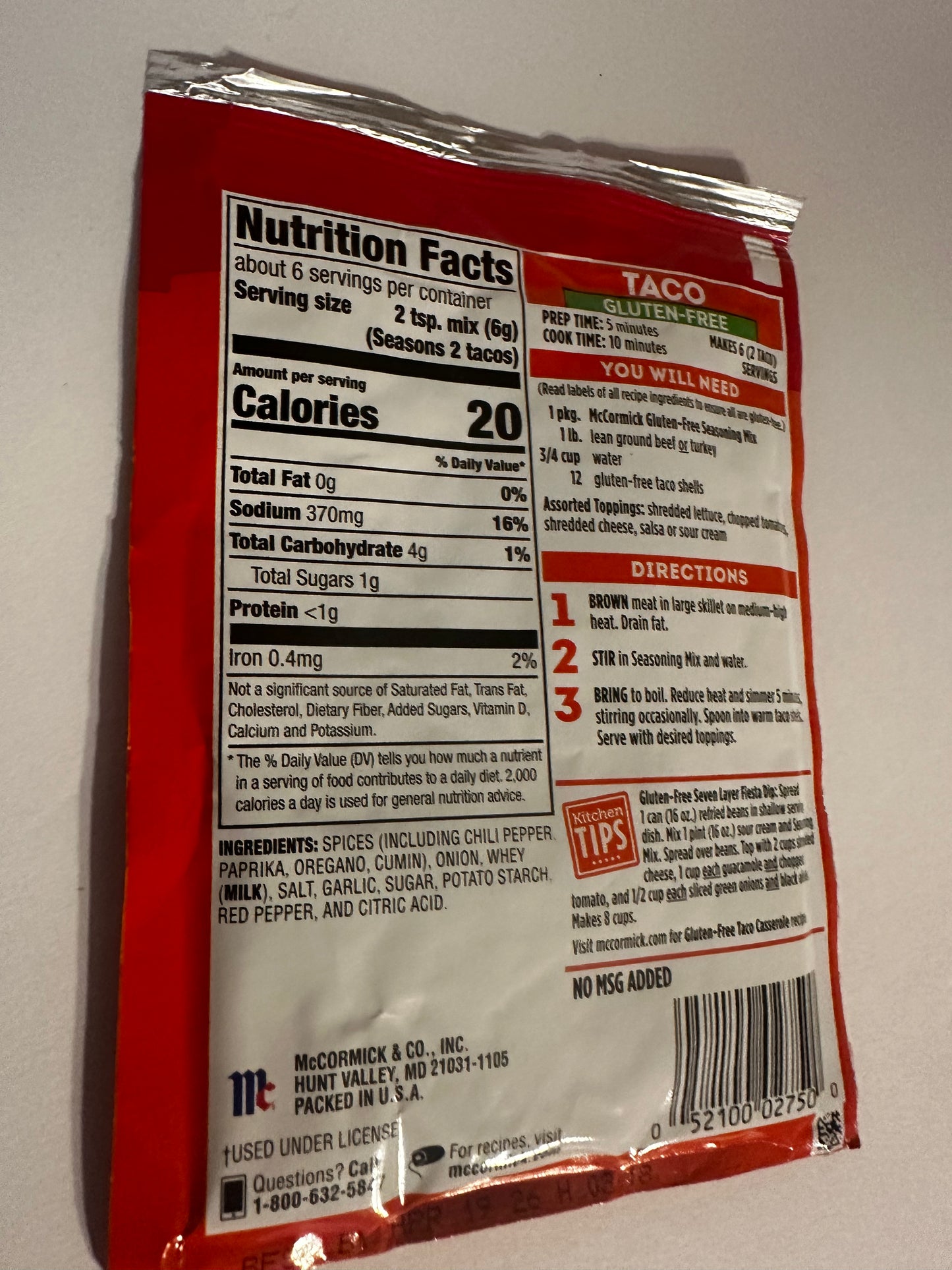 McCormick Gluten Free Gluten Free Taco Seasoning Mix, 1.25 oz Envelope