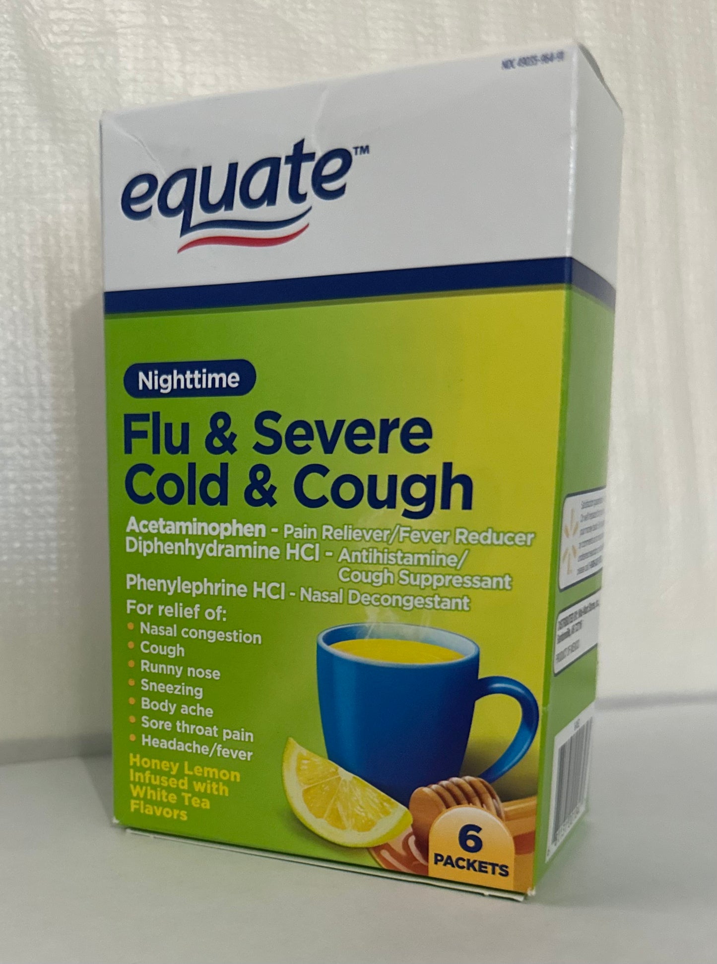 Equate Nighttime Severe Cold, Cough & Flu Relief Powder Packets, Honey Lemon, 6 Count
