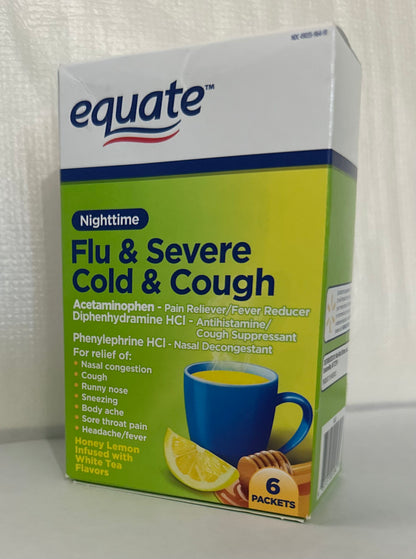 Equate Nighttime Severe Cold, Cough & Flu Relief Powder Packets, Honey Lemon, 6 Count