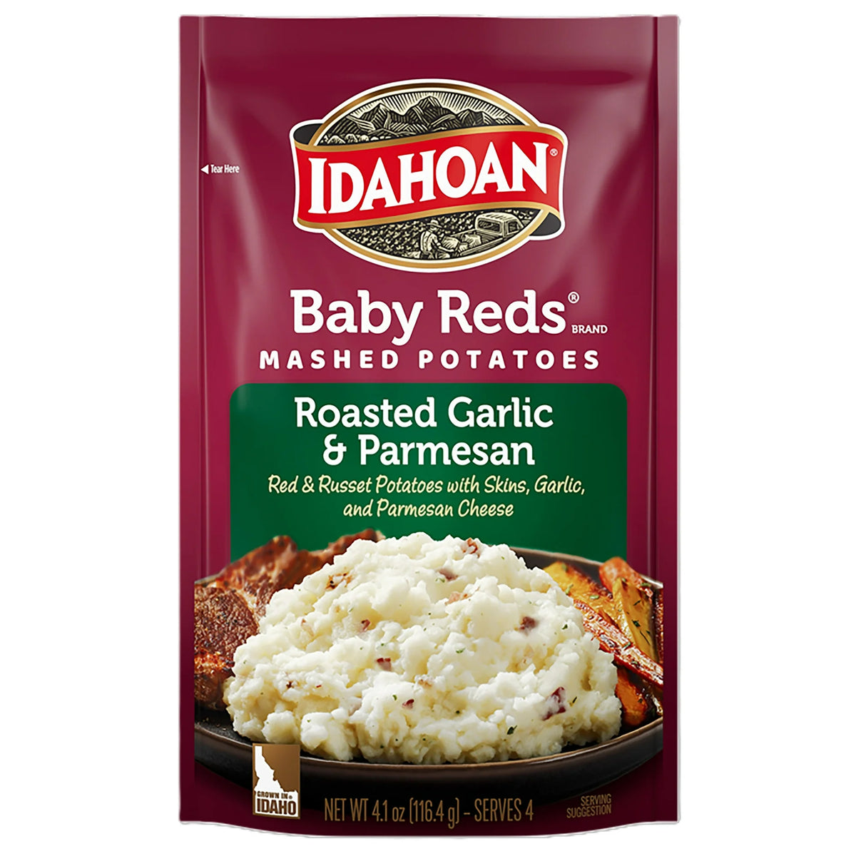 Idahoan Baby Reds Mashed Potatoes with Roasted Garlic & Parmesan Side Dish, 4.1 oz