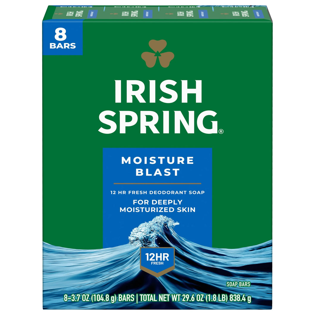 Irish Spring Moisture Blast Deodorant Bar Soap for Men, 3.7 oz Bar (8 Pack)