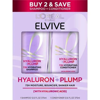 L'Oreal Paris Elvive Hyaluron Plump Squeeze Hydrating Shampoo Conditioner Kit, 72Hr Intense Moisture