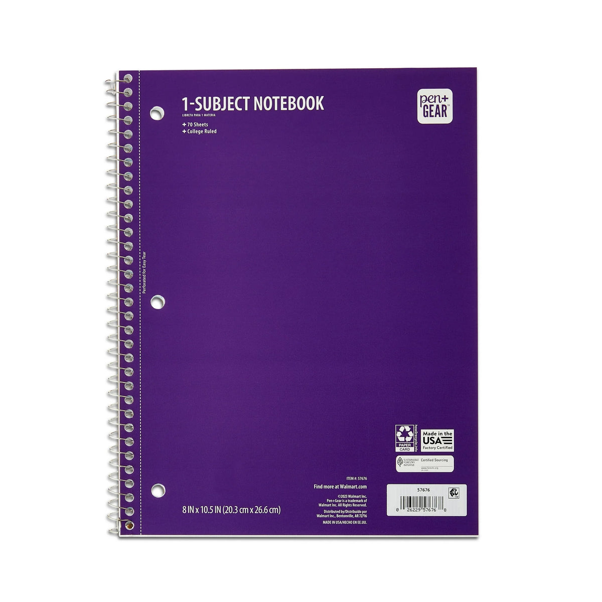 PEN + GEAR College Rule 1-Subject Notebook, 10.5" x 8", Purple, 70 Sheets