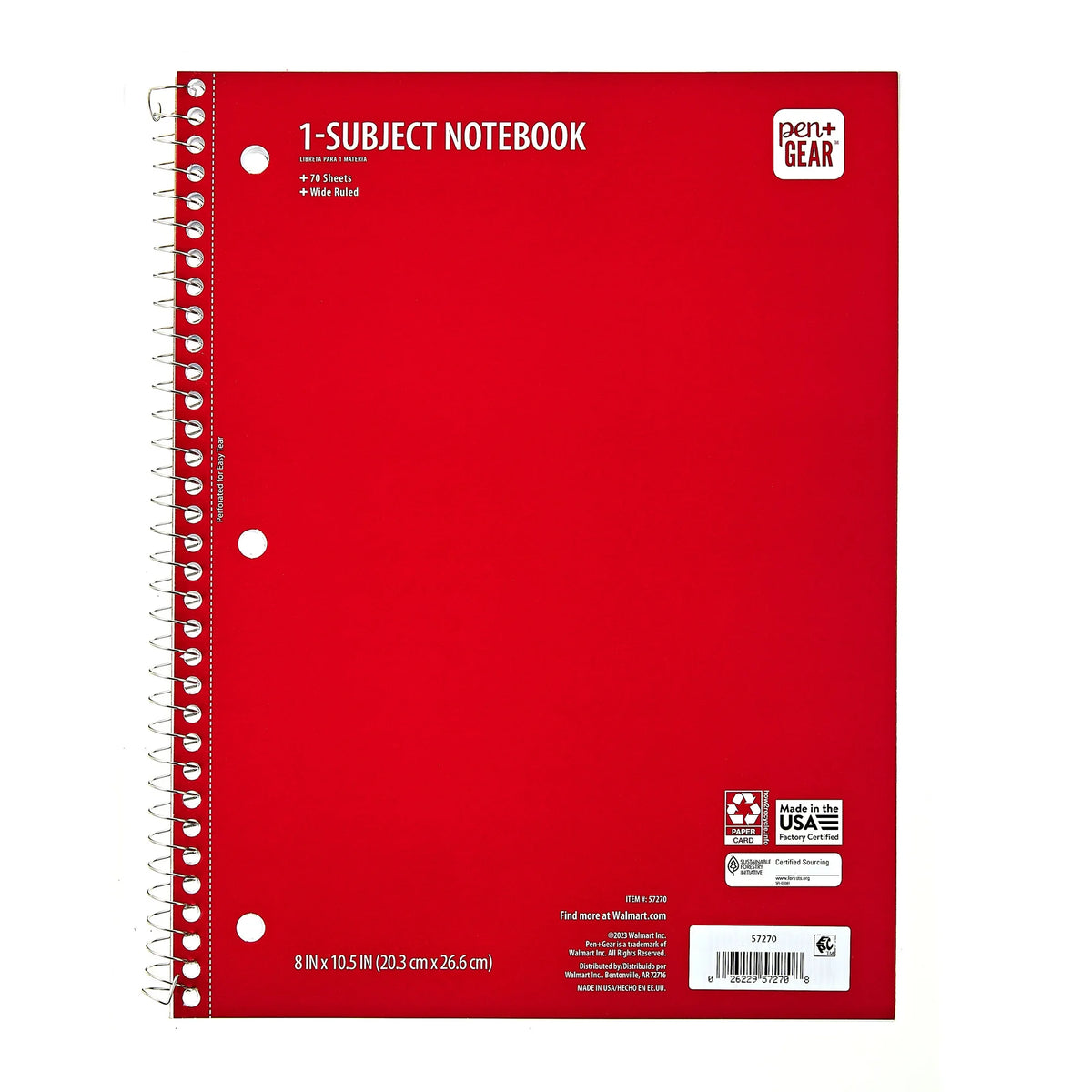 PEN + GEAR College Rule 1-Subject Notebook, 10.5" x 8", Red, 70 Sheets