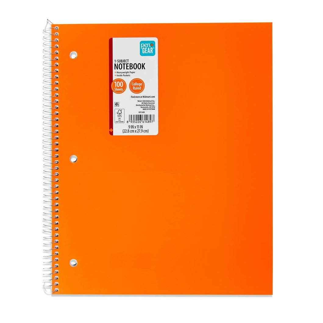 Pen+Gear College Ruled Poly 1-Subject Notebook with Inside Pockets, 9