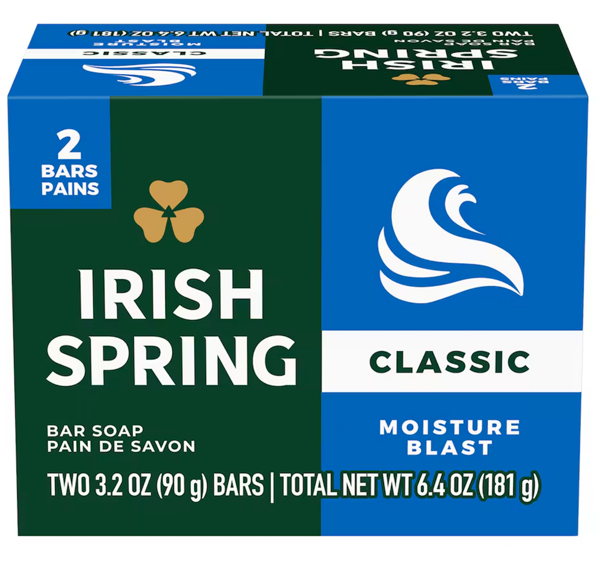 Irish Spring Moisture Blast Deodorant Soap Bars, 2 ct