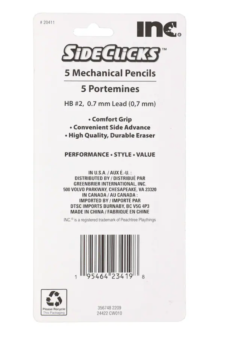Inc Sideclicks Mechanical Pencils, 5-ct.